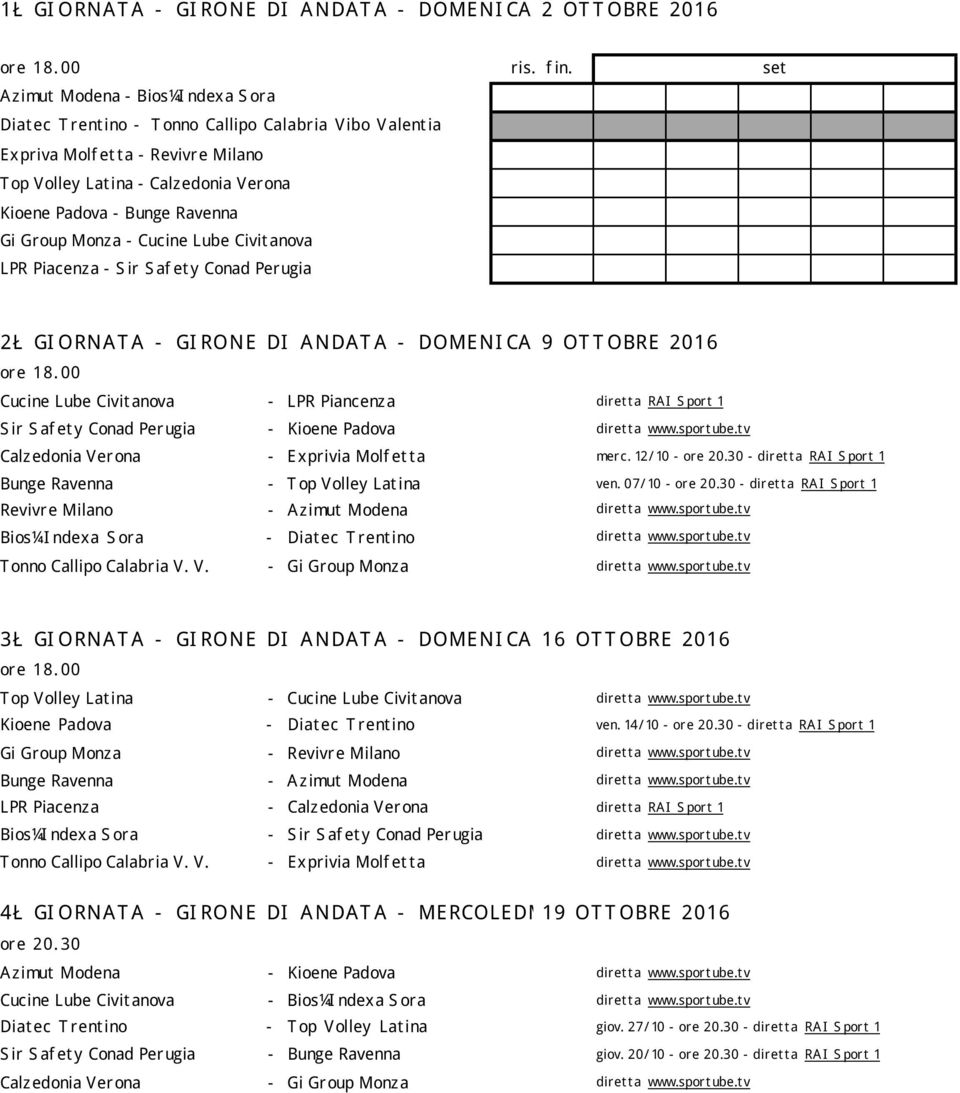 Ravenna Gi Group Monza - Cucine Lube Civit anova LPR Piacenza - S ir S af et y Conad Perugia ris. f in. set 2ª GI ORNAT A - GI RONE DI ANDAT A - DOMENI CA 9 OT T OBRE 2016 ore 18.