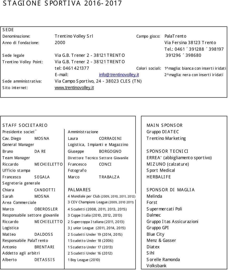 T rener 2-38121 T RENT O t el: 0461 421377 Colori sociali: 1^maglia: bianca con insert i iridat i E- mail: info@ trentinovolley.