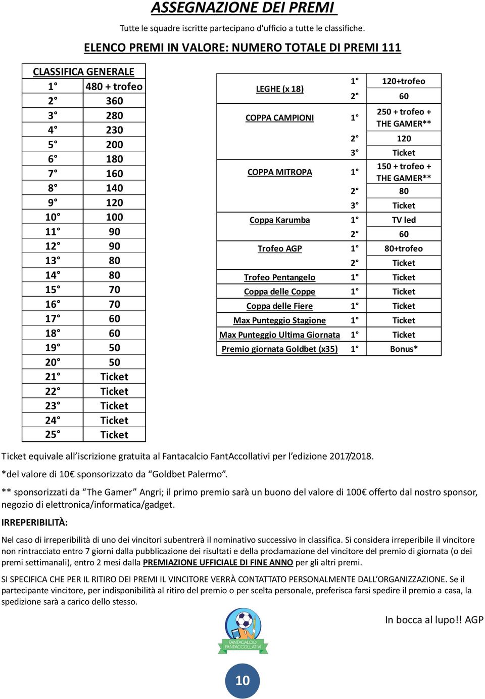 50 21 Ticket 22 Ticket 23 Ticket 24 Ticket 25 Ticket LEGHE (x 18) COPPA CAMPIONI 1 1 120+trofeo 2 60 250 + trofeo + THE GAMER** 2 120 3 Ticket COPPA MITROPA 1 150 + trofeo + THE GAMER** 2 80 3 Ticket