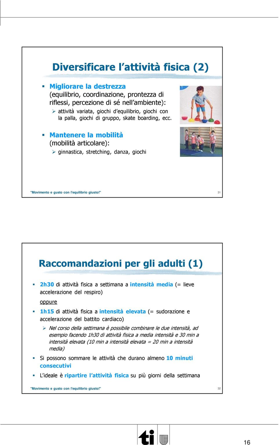 Mantenere la mobilità (mobilità articolare): ginnastica, stretching, danza, giochi 31 Raccomandazioni per gli adulti (1) 2h30 di attività fisica a settimana a intensità media (= lieve accelerazione