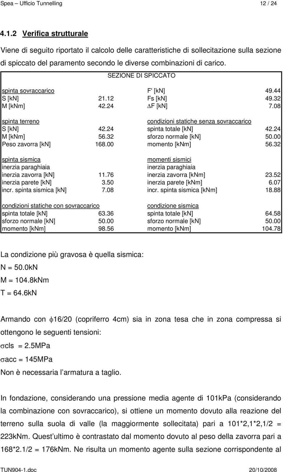 SEZIONE DI SPICCATO spinta sovraccarico F' [kn] 49.44 S [kn] 21.12 Fs [kn] 49.32 M [knm] 42.24 ΔF [kn] 7.08 spinta terreno condizioni statiche senza sovraccarico S [kn] 42.24 spinta totale [kn] 42.