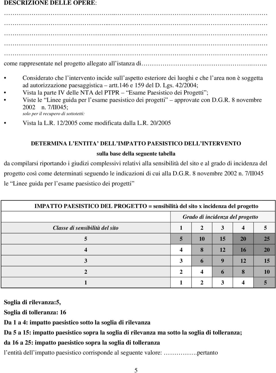 42/2004; Vista la parte IV delle NTA del PTPR Esame Paesistico dei Progetti ; Viste le Linee guida per l esame paesistico dei progetti approvate con D.G.R. 8 novembre 2002 n.