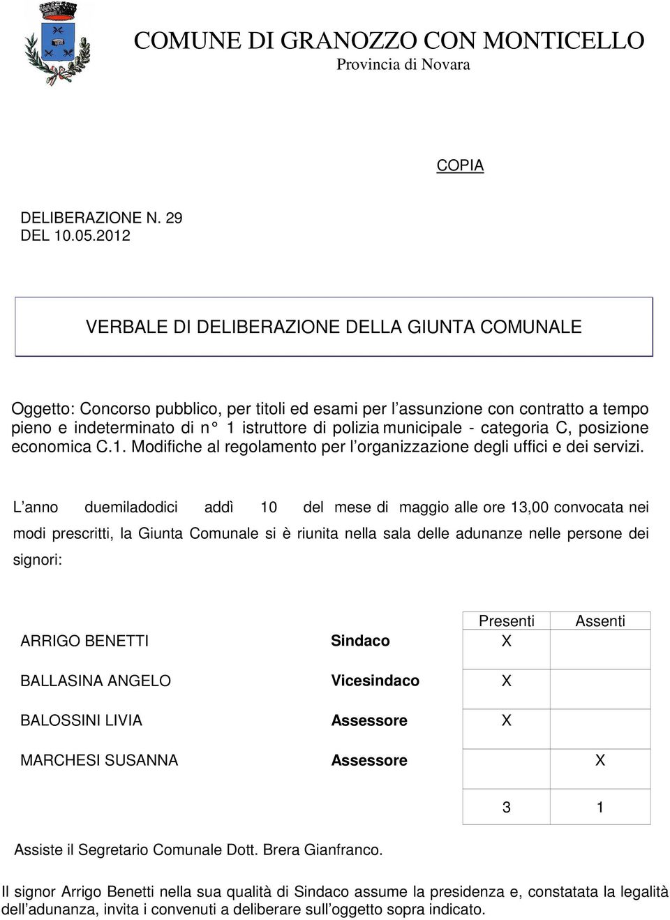 municipale - categoria C, posizione economica C.1. Modifiche al regolamento per l organizzazione degli uffici e dei servizi.