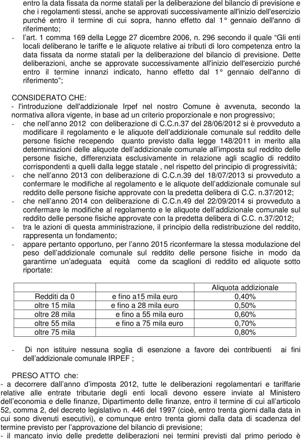 296 secondo il quale Gli enti locali deliberano le tariffe e le aliquote relative ai tributi di loro competenza entro la data fissata da norme statali per la deliberazione del bilancio di previsione.