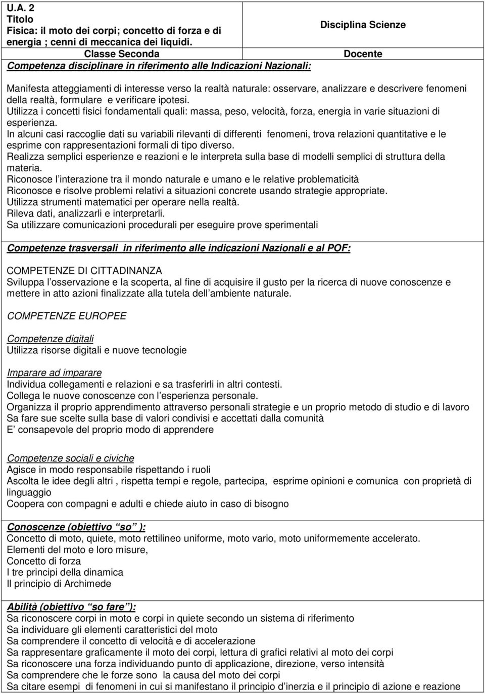 descrivere fenomeni della realtà, formulare e verificare ipotesi. Utilizza i concetti fisici fondamentali quali: massa, peso, velocità, forza, energia in varie situazioni di esperienza.