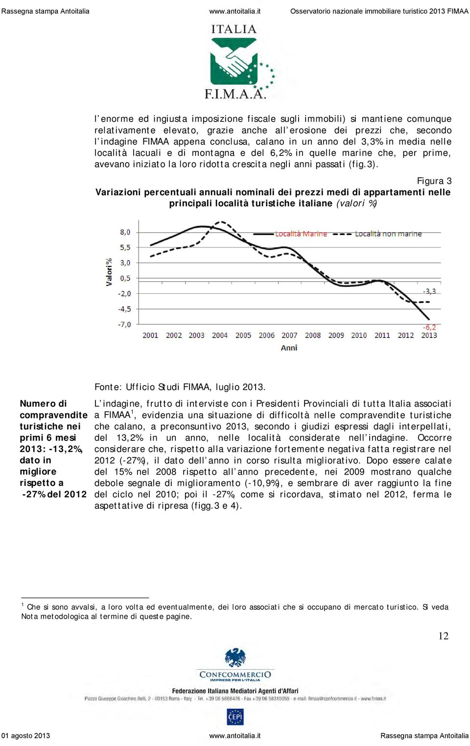 Figura 3 Variazioni percentuali annuali nominali dei prezzi medi di appartamenti nelle principali località turistiche italiane (valori %) Numero di compravendite turistiche nei primi 6 mesi 2013: