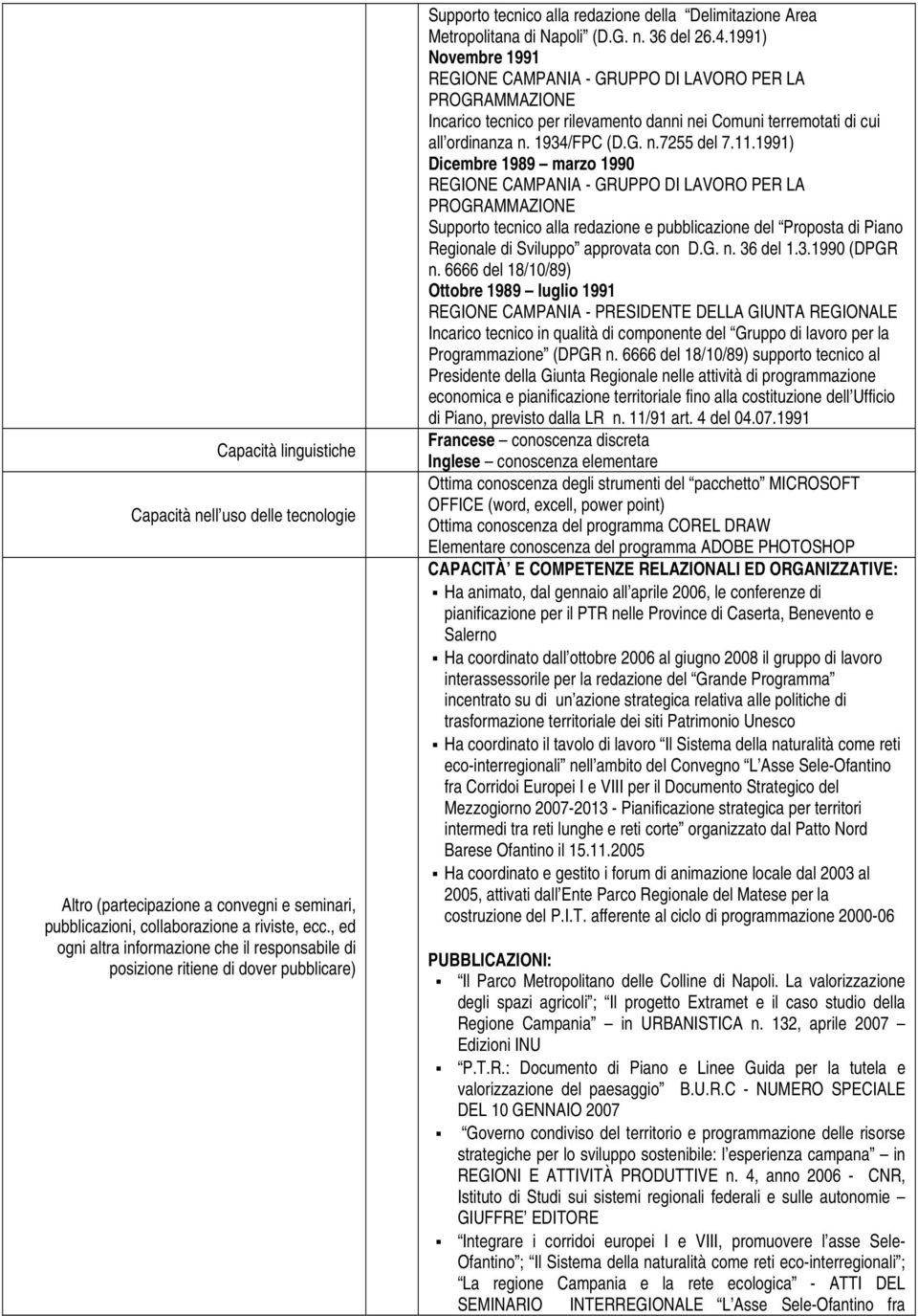 1991) Novembre 1991 REGIONE CAMPANIA - GRUPPO DI LAVORO PER LA PROGRAMMAZIONE Incarico tecnico per rilevamento danni nei Comuni terremotati di cui all ordinanza n. 1934/FPC (D.G. n.7255 del 7.11.