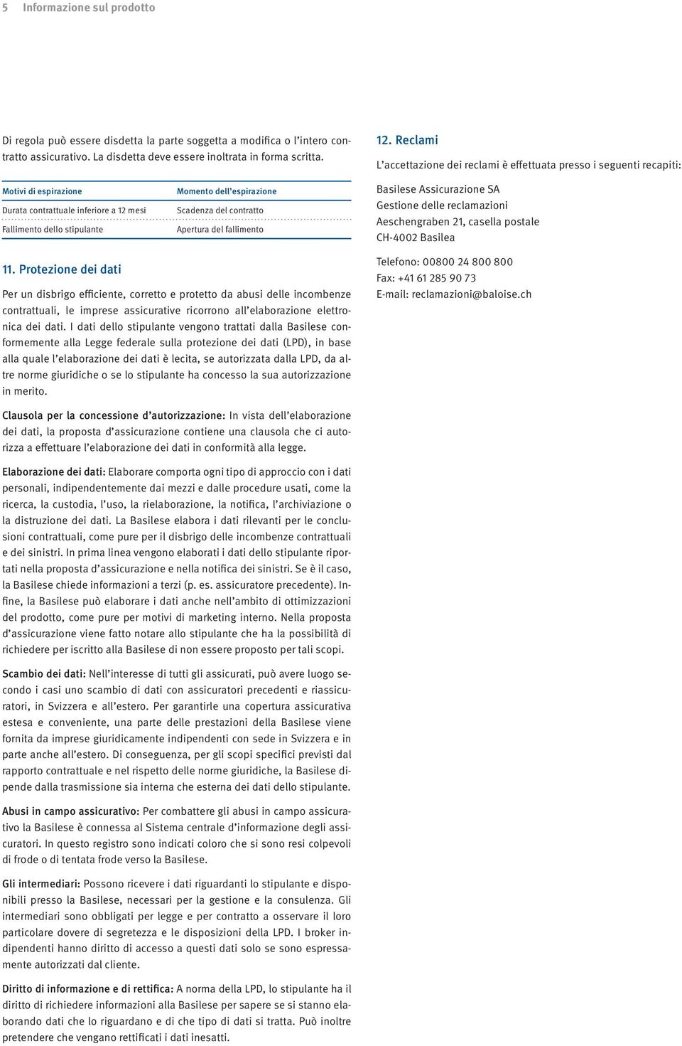 del contratto Apertura del fallimento Basilese Assicurazione SA Gestione delle reclamazioni Aeschengraben 21, casella postale CH-4002 Basilea 11.