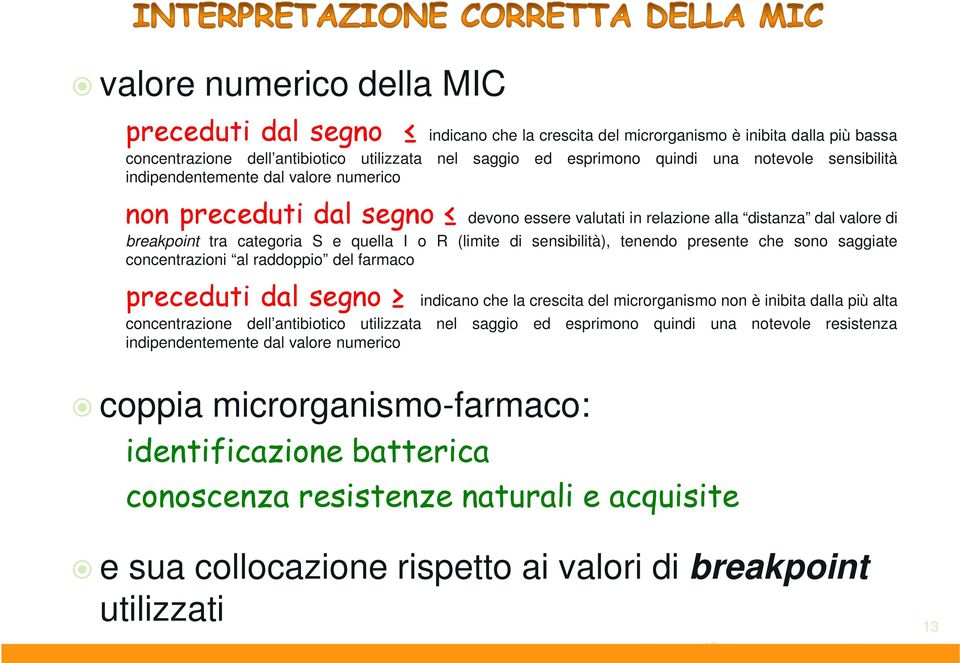 sensibilità), tenendo presente che sono saggiate concentrazioni al raddoppio del farmaco preceduti dal segno indicano che la crescita del microrganismo non è inibita dalla più alta concentrazione