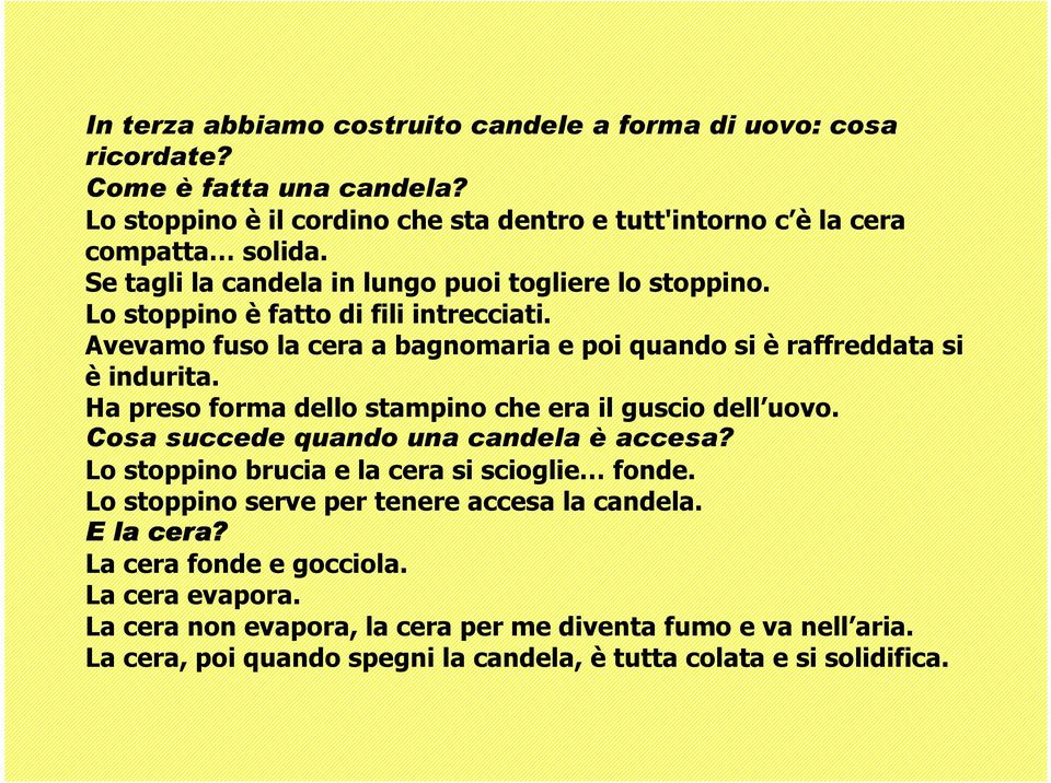 Ha preso forma dello stampino che era il guscio dell uovo. Cosa succede quando una candela è accesa? Lo stoppino brucia e la cera si scioglie fonde.