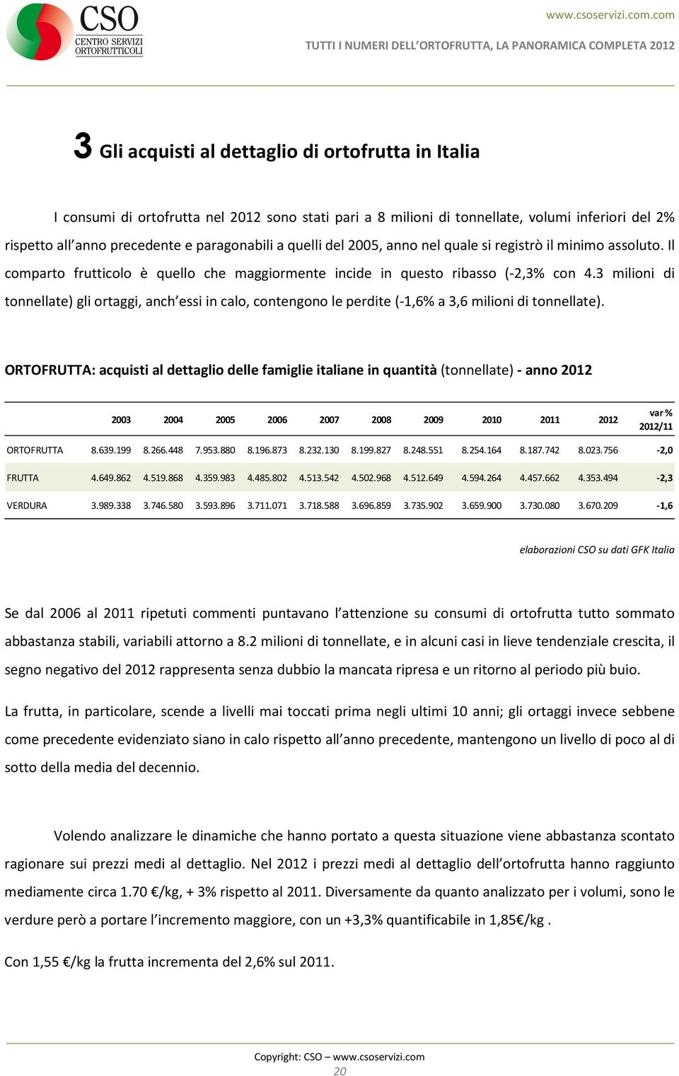 3 milioni di tonnellate) gli ortaggi, anch essi in calo, contengono le perdite (-1,6% a 3,6 milioni di tonnellate).