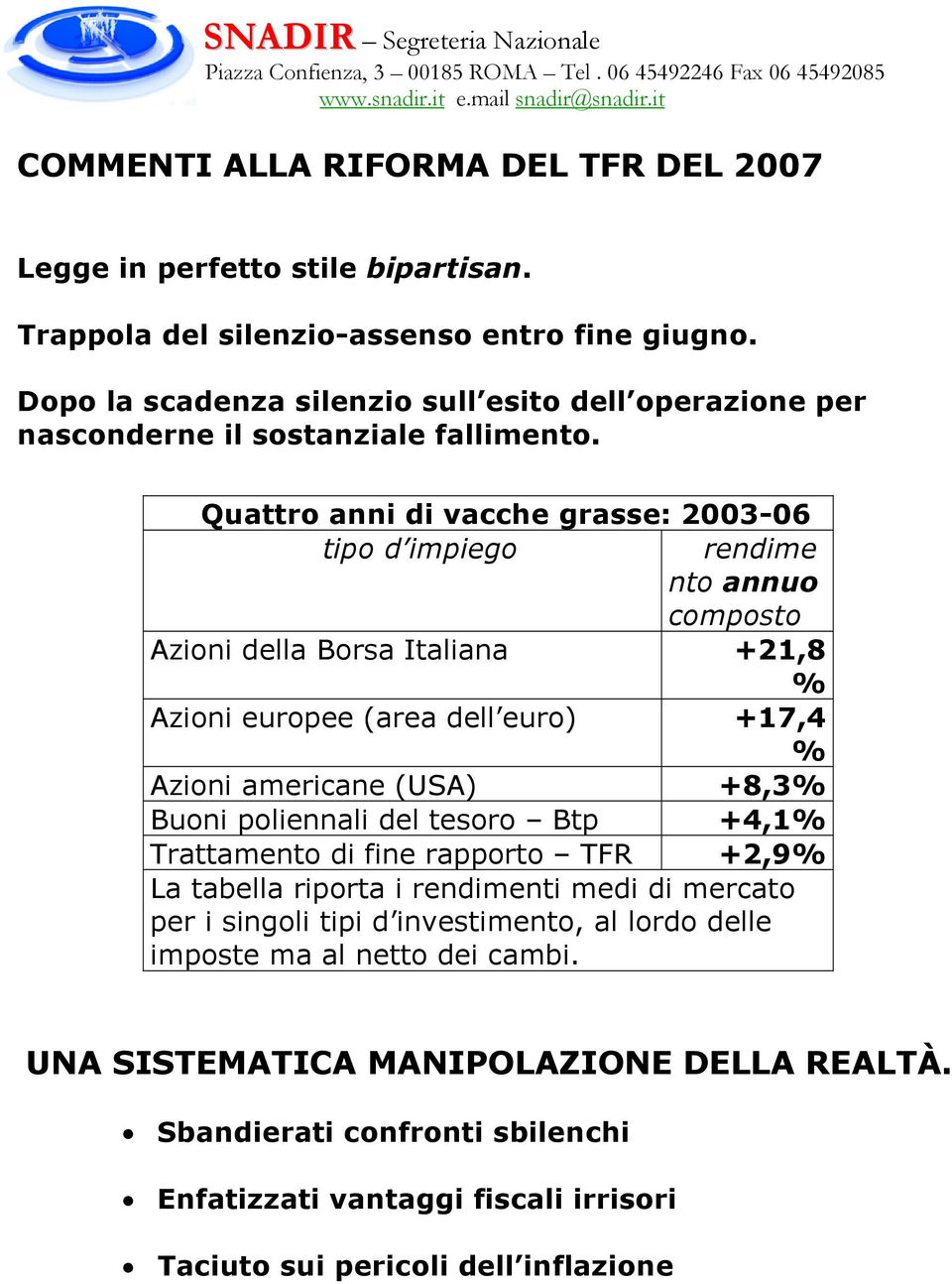 Quattro anni di vacche grasse: 2003-06 tipo d impiego rendime nto annuo composto Azioni della Borsa Italiana +21,8 % Azioni europee (area dell euro) +17,4 % Azioni americane (USA) +8,3%