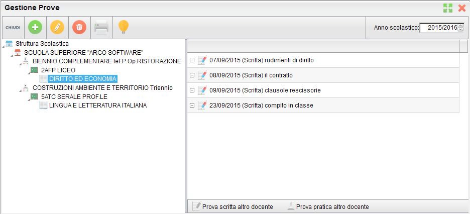 Una volta inserita la prova, l'icona Dettaglio prova consente di accedere e modificare in qualunque momento il dettaglio delle prove già presenti mentre l'icona caricamento rapido dei voti della