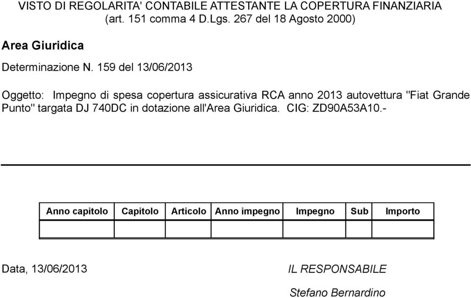 159 del 13/06/2013 Oggetto: Impegno di spesa copertura assicurativa RCA anno 2013 autovettura "Fiat Grande Punto" targata DJ 740DC in