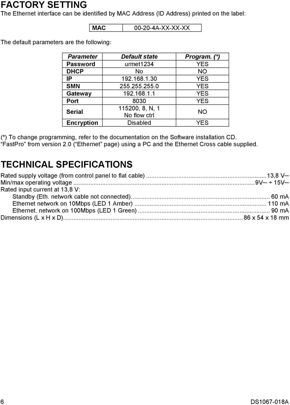 FastPro from version 2.0 ( Ethernet page) using a PC and the Ethernet Cross cable supplied. TECHNICAL SPECIFICATIONS Rated supply voltage (from control panel to flat cable).