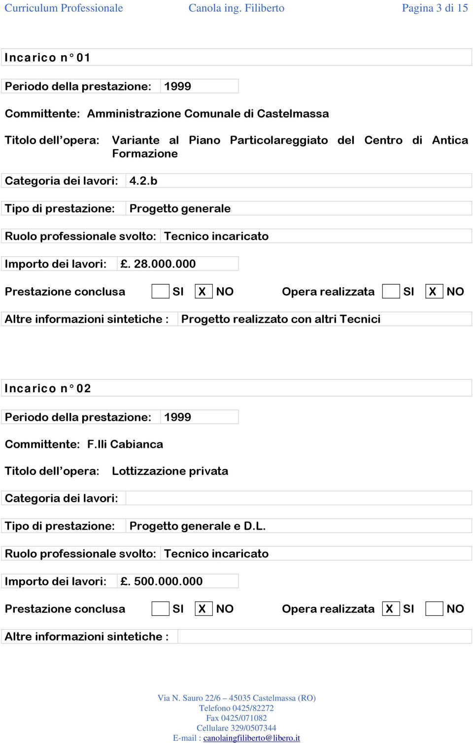 Particolareggiato del Centro di Antica Formazione Categoria dei lavori: 4.2.b Progetto generale Importo dei lavori:. 28.000.