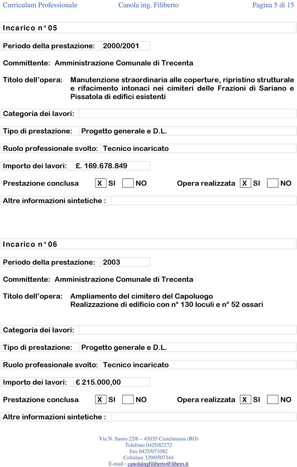 rifacimento intonaci nei cimiteri delle Frazioni di Sariano e Pissatola di edifici esistenti Categoria dei lavori: Progetto generale e D.L.