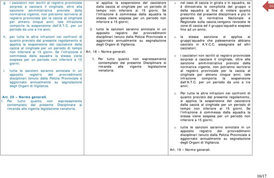 per tutte le altre infrazioni nei confronti di quanto previsto dal presente regolamento si applica la sospensione del cacciatore dalla caccia al cinghiale per un periodo di tempo non inferiore ai 15