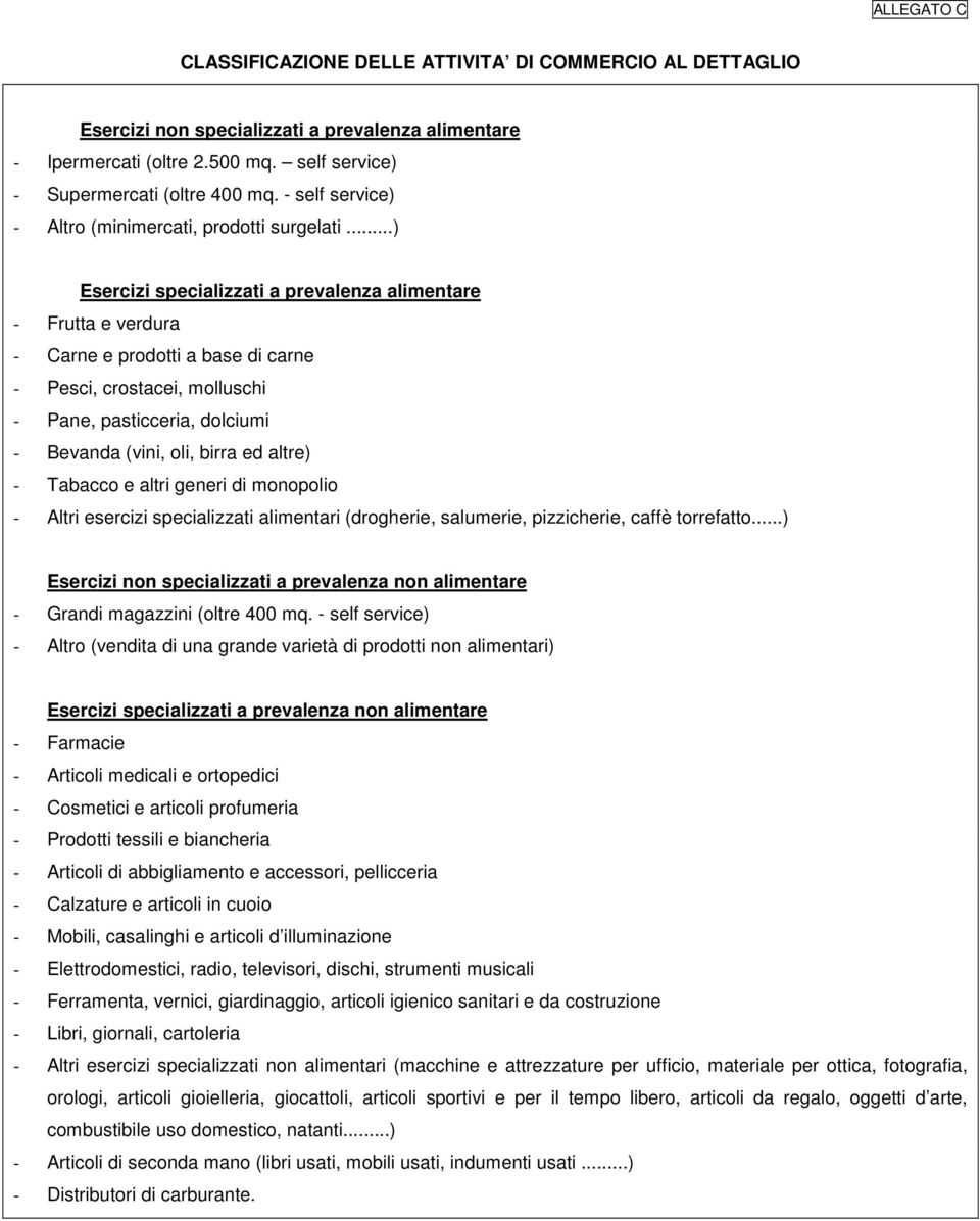 ..) Esercizi specializzati a prevalenza alimentare - Frutta e verdura - Carne e prodotti a base di carne - Pesci, crostacei, molluschi - Pane, pasticceria, dolciumi - Bevanda (vini, oli, birra ed