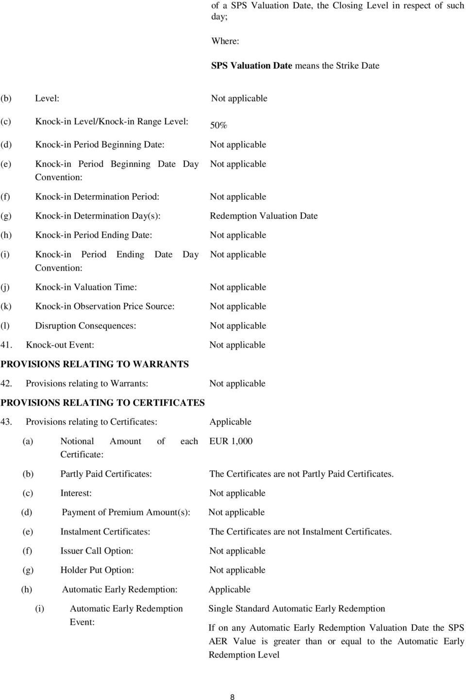 Valuation Date (h) Knock-in Period Ending Date: Not applicable (i) Knock-in Period Ending Date Day Convention: Not applicable (j) Knock-in Valuation Time: Not applicable (k) Knock-in Observation