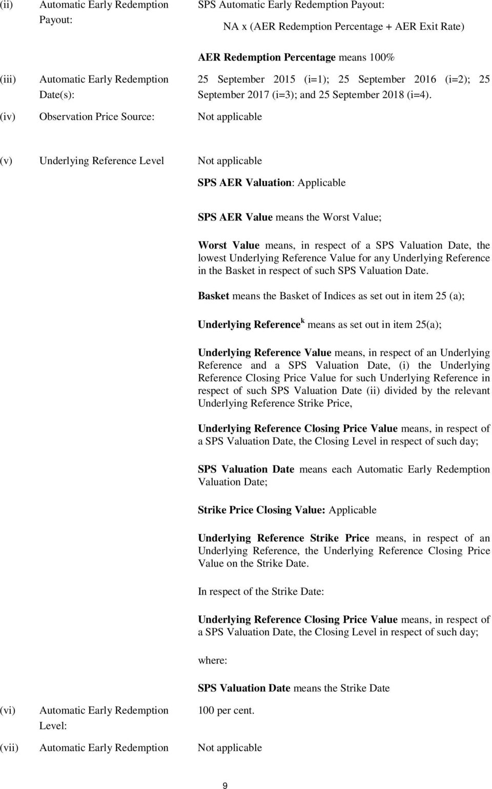 (iv) Observation Price Source: Not applicable (v) Underlying Reference Level Not applicable SPS AER Valuation: Applicable SPS AER Value means the Worst Value; Worst Value means, in respect of a SPS