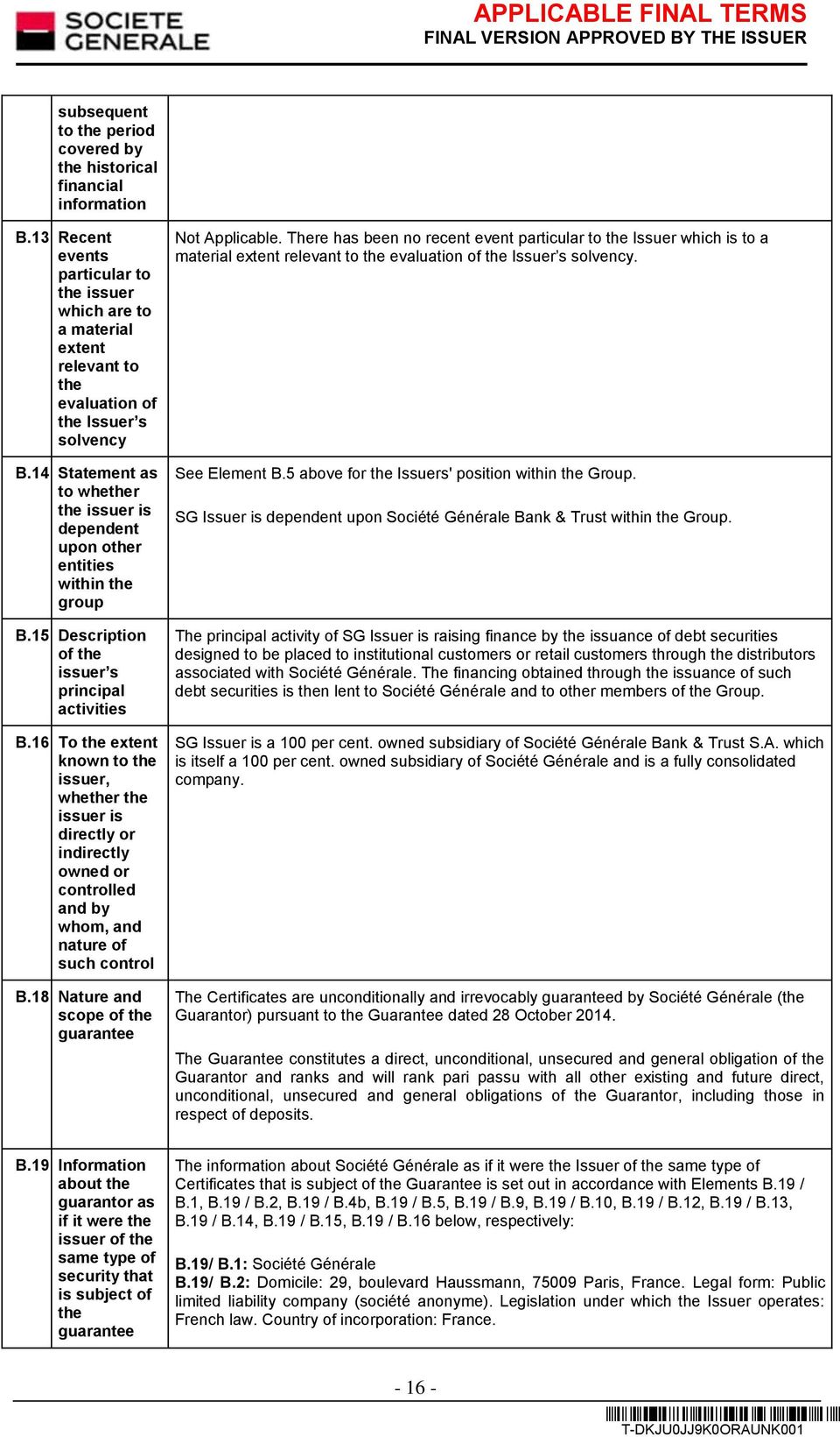 14 Statement as to whether the issuer is dependent upon other entities within the group B.15 Description of the issuer s principal activities B.