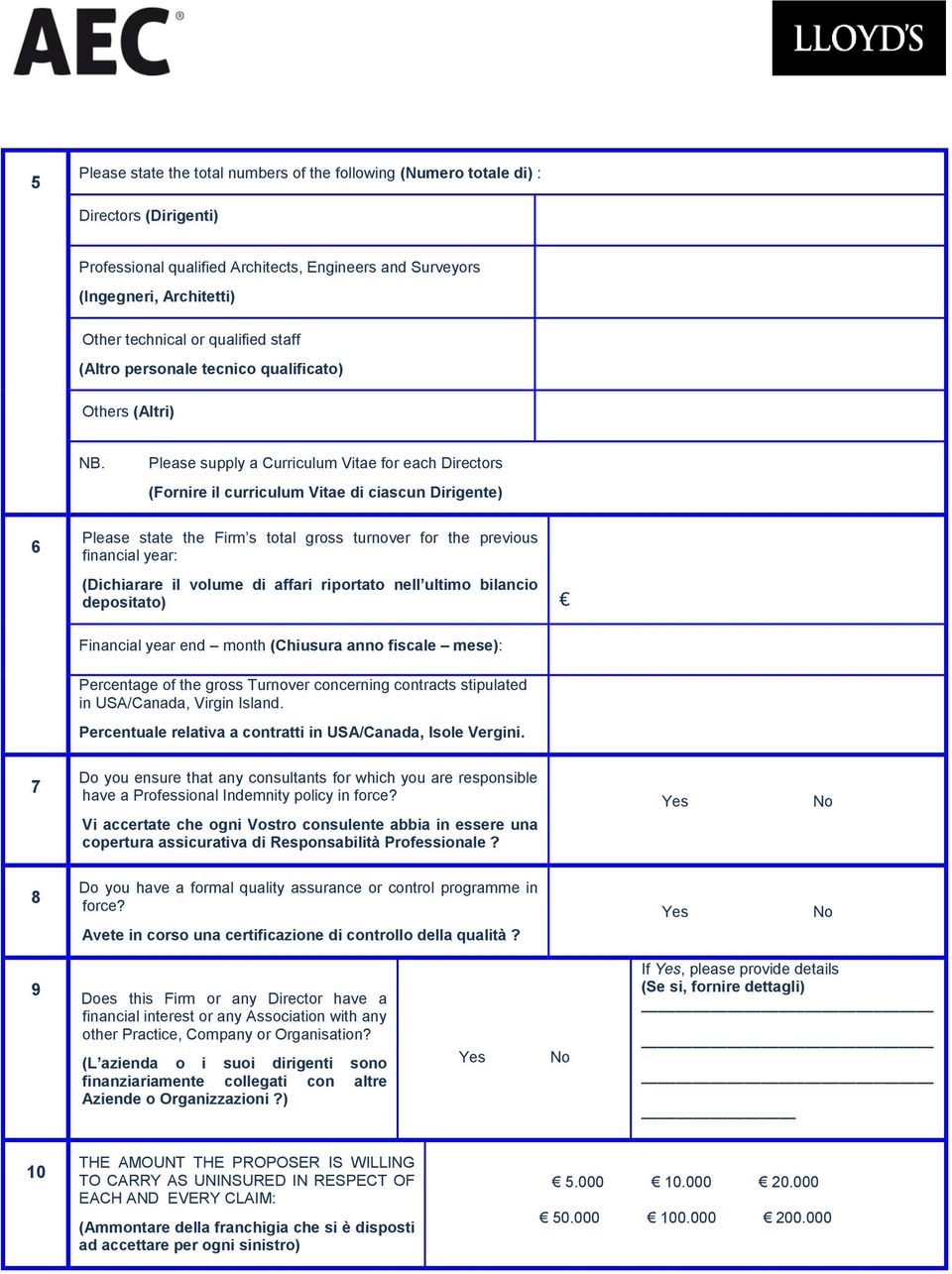 Please supply a Curriculum Vitae for each Directors (Fornire il curriculum Vitae di ciascun Dirigente) 6 Please state the Firm s total gross turnover for the previous financial year: (Dichiarare il