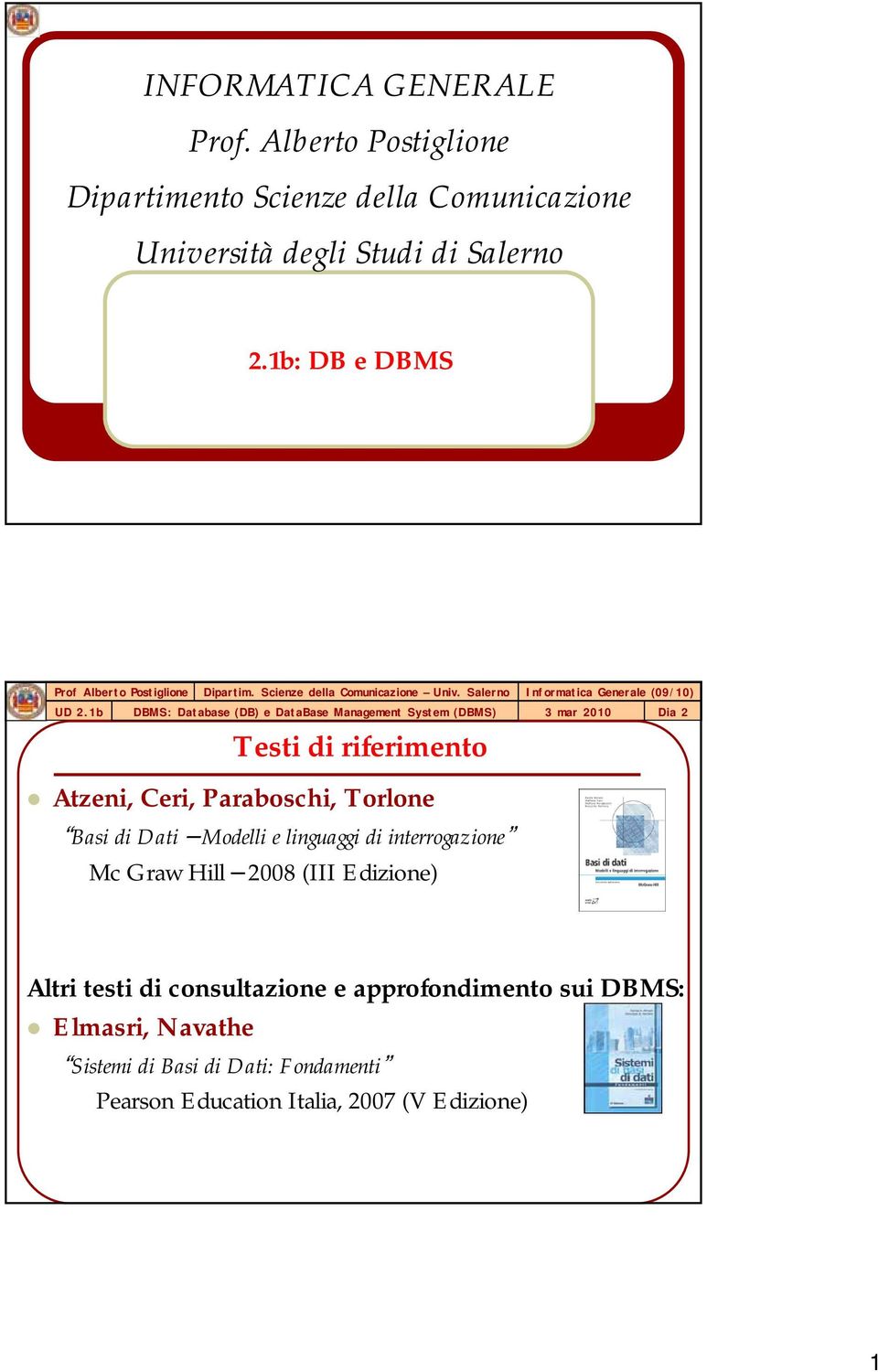 1b: DB e DBMS Testi di riferimento 3 mar 2010 Dia 2 Atzeni, Ceri, Paraboschi, Torlone Basi di Dati Modelli e