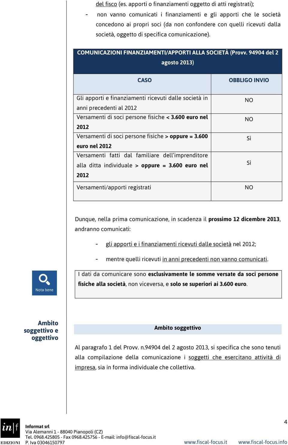 oggetto di specifica comunicazione). COMUNICAZIONI FINANZIAMENTI/APPORTI ALLA SOCIETÀ (Provv.