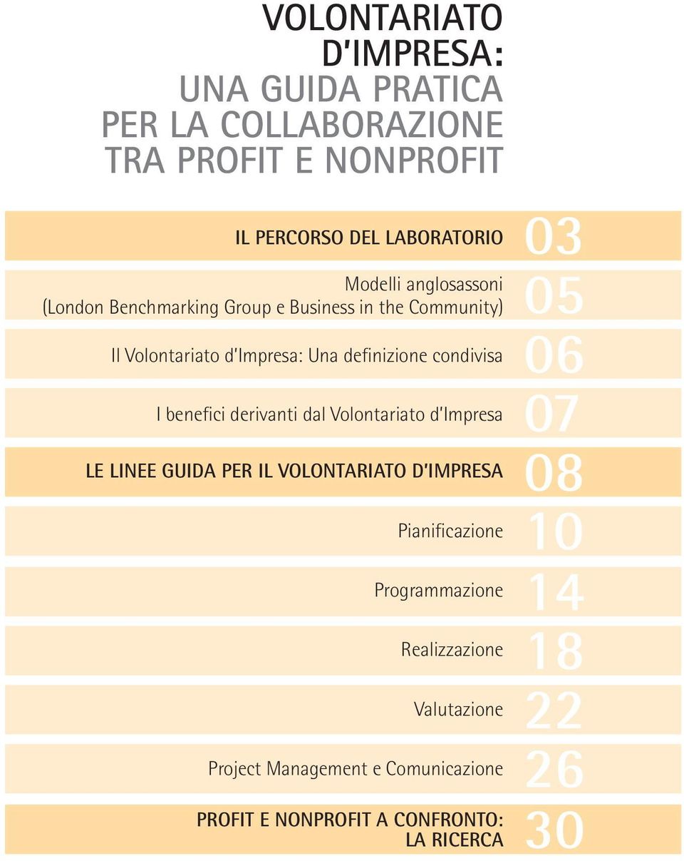 benefici derivanti dal Volontariato d Impresa LE LINEE GUIDA PER IL VOLONTARIATO D IMPRESA Pianificazione Programmazione