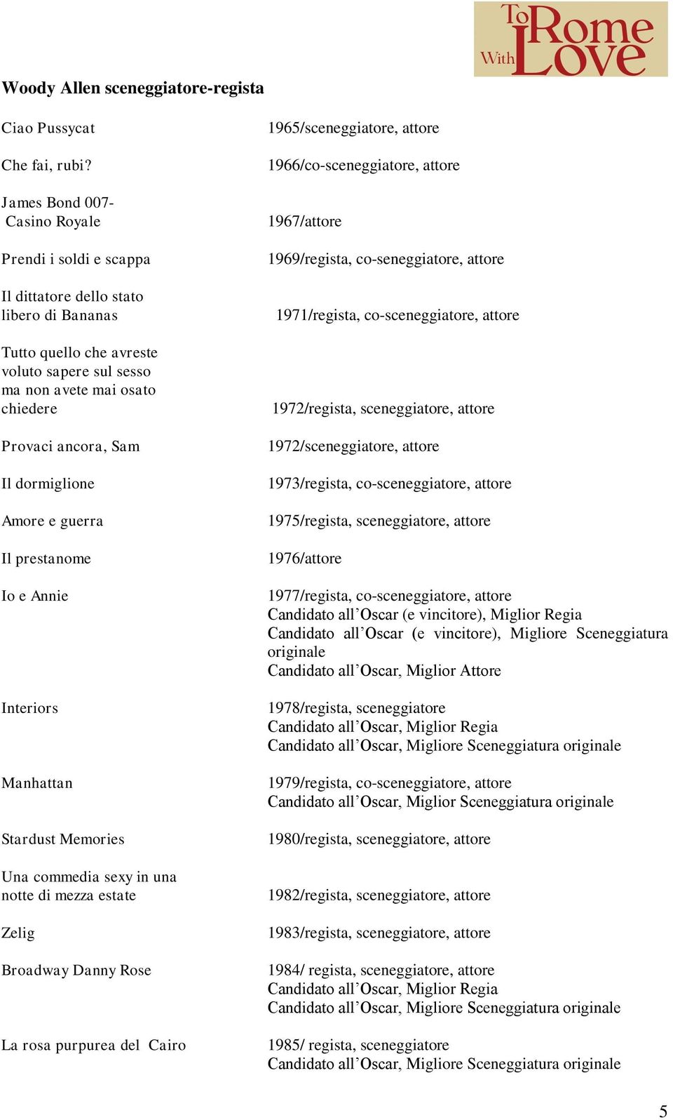 Il dormiglione Amore e guerra Il prestanome Io e Annie Interiors Manhattan Stardust Memories Una commedia sexy in una notte di mezza estate Zelig Broadway Danny Rose La rosa purpurea del Cairo