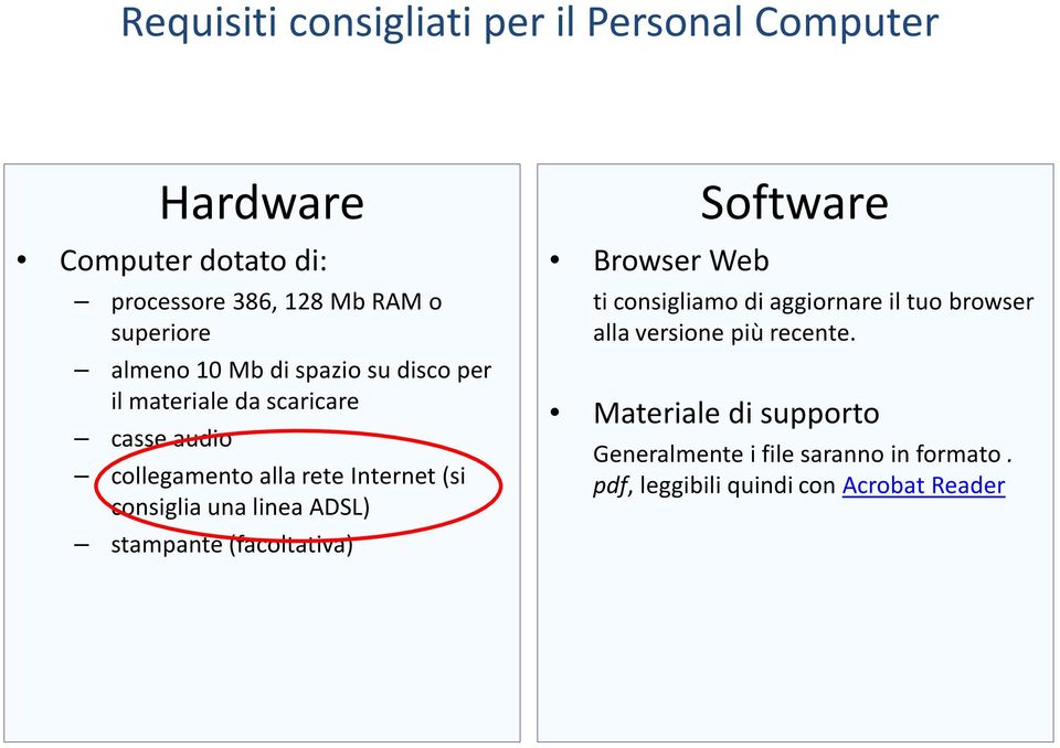 consiglia una linea ADSL) stampante (facoltativa) Browser Web Software ti consigliamo di aggiornare il tuo browser