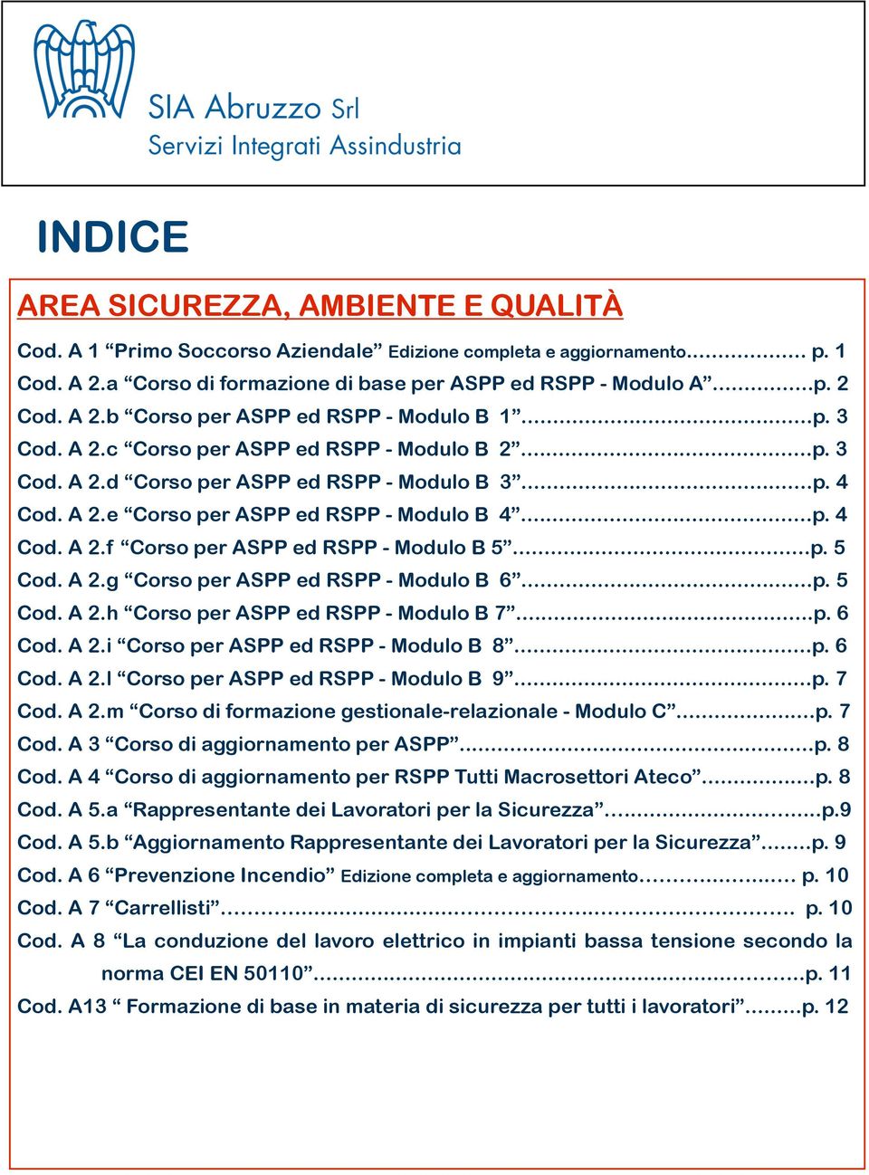 ..p. 4 Cod. A 2.e Corso per ASPP ed RSPP - Modulo B 4...p. 4 Cod. A 2.f Corso per ASPP ed RSPP - Modulo B 5...p. 5 Cod. A 2.g Corso per ASPP ed RSPP - Modulo B 6...p. 5 Cod. A 2.h Corso per ASPP ed RSPP - Modulo B 7.