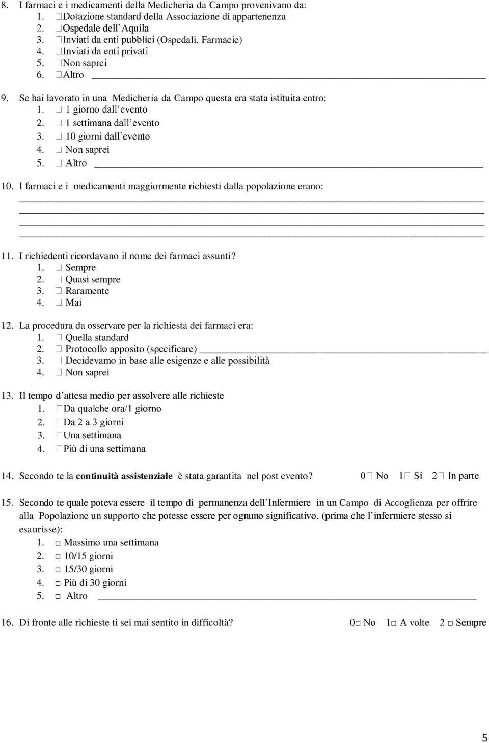 I richiedenti ricordavano il nome dei farmaci assunti? 1. Sempre 2. Quasi sempre 3. Raramente 4. Mai 12. La procedura da osservare per la richiesta dei farmaci era: 1. Quella standard 2.