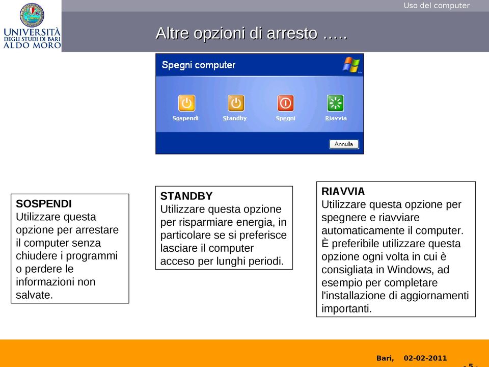 STANDBY Utilizzare questa opzione per risparmiare energia, in particolare se si preferisce lasciare il computer acceso per lunghi