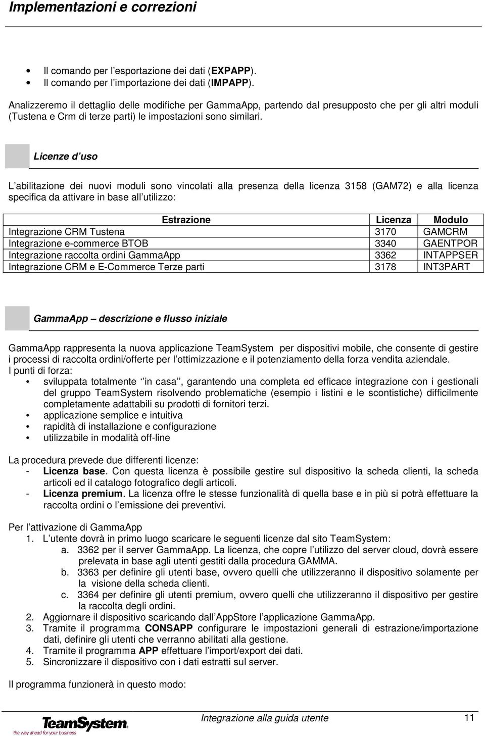 Licenze d uso L abilitazione dei nuovi moduli sono vincolati alla presenza della licenza 3158 (GAM72) e alla licenza specifica da attivare in base all utilizzo: Estrazione Licenza Modulo Integrazione