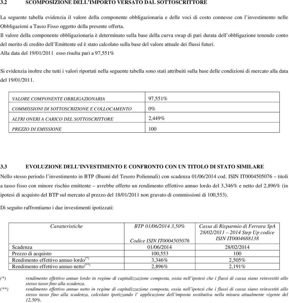 Il valore della componente obbligazionaria è determinato sulla base della curva swap di pari durata dell obbligazione tenendo conto del merito di credito dell Emittente ed è stato calcolato sulla