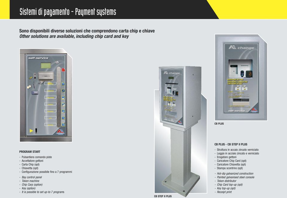 (option) - It is possible to set up-to 7 programs CB STEP II PLUS CB PLUS - CB STEP II PLUS - Struttura in accaio zincato verniciato - Leggio in acciaio zincato e verniciato - Erogatore gettoni -