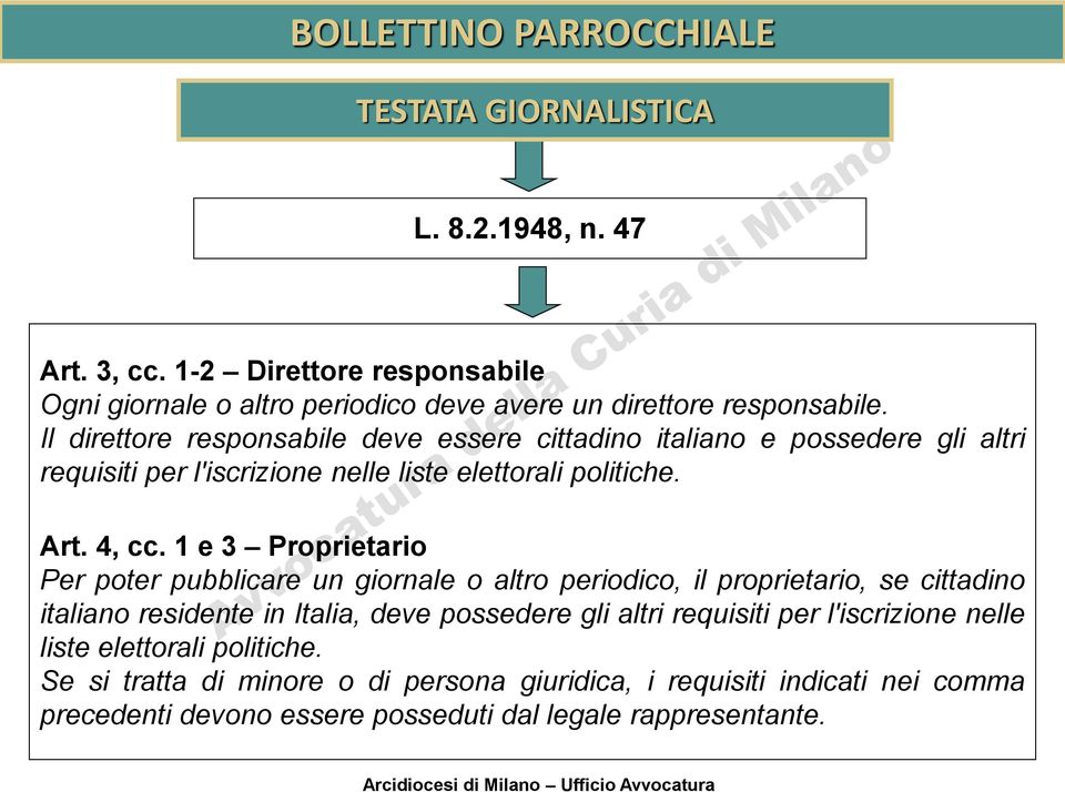 Il direttore responsabile deve essere cittadino italiano e possedere gli altri requisiti per l'iscrizione nelle liste elettorali politiche. Art. 4, cc.