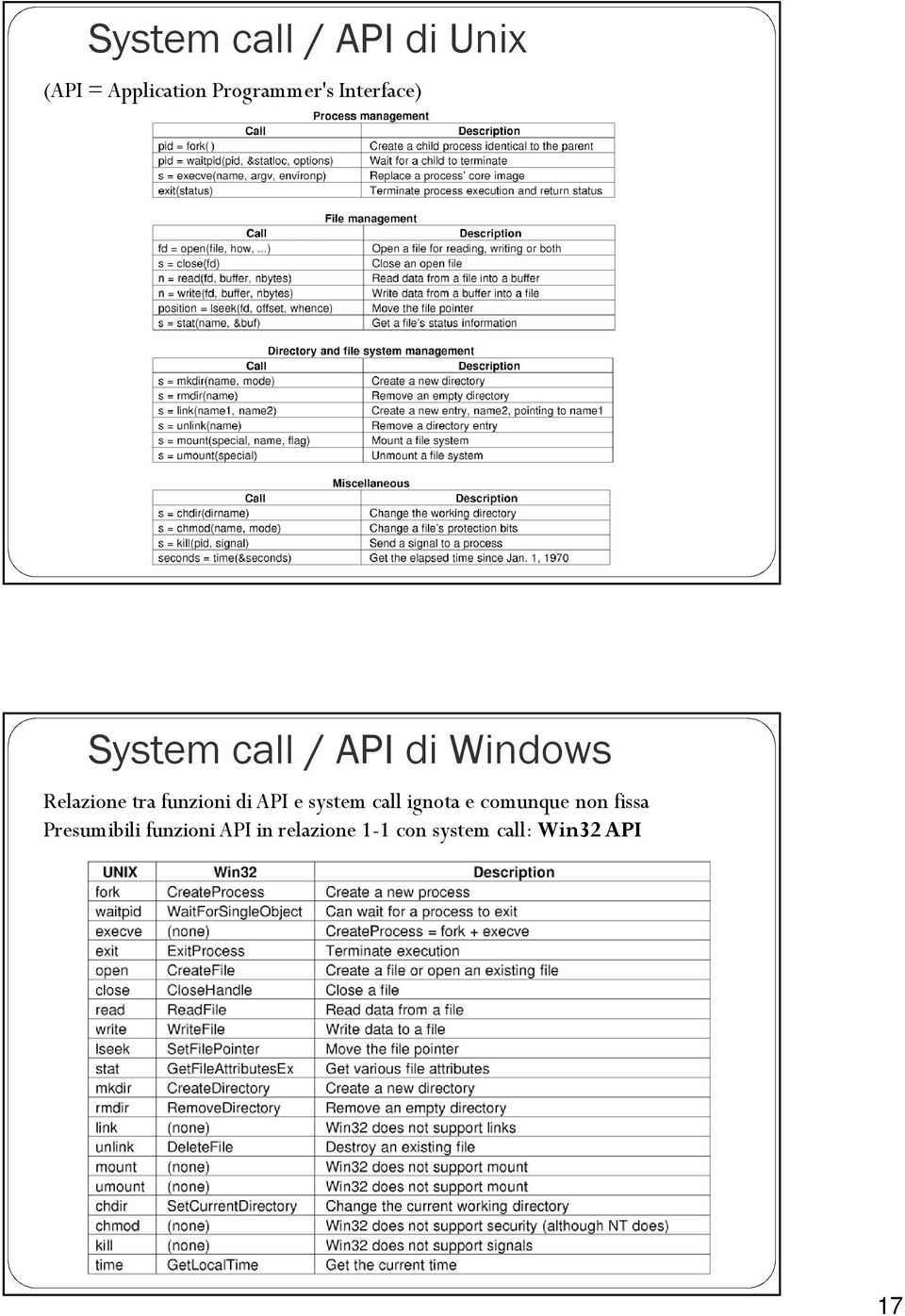 funzioni di API e system call ignota e comunque non fissa