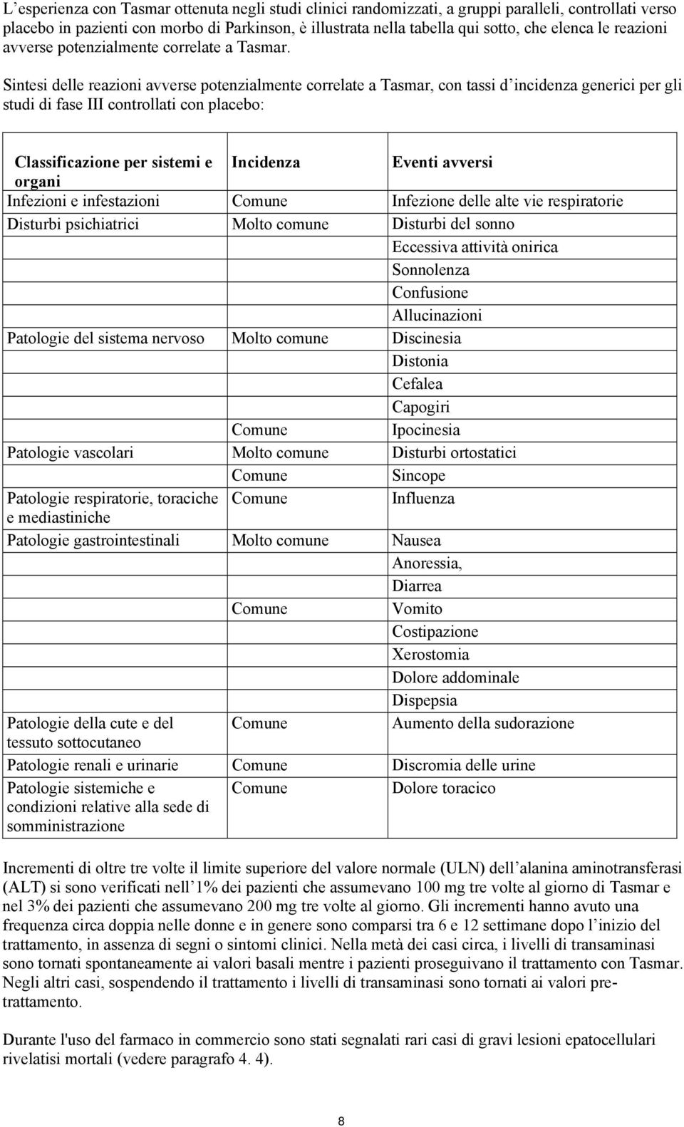 Sintesi delle reazioni avverse potenzialmente correlate a Tasmar, con tassi d incidenza generici per gli studi di fase III controllati con placebo: Classificazione per sistemi e Incidenza Eventi