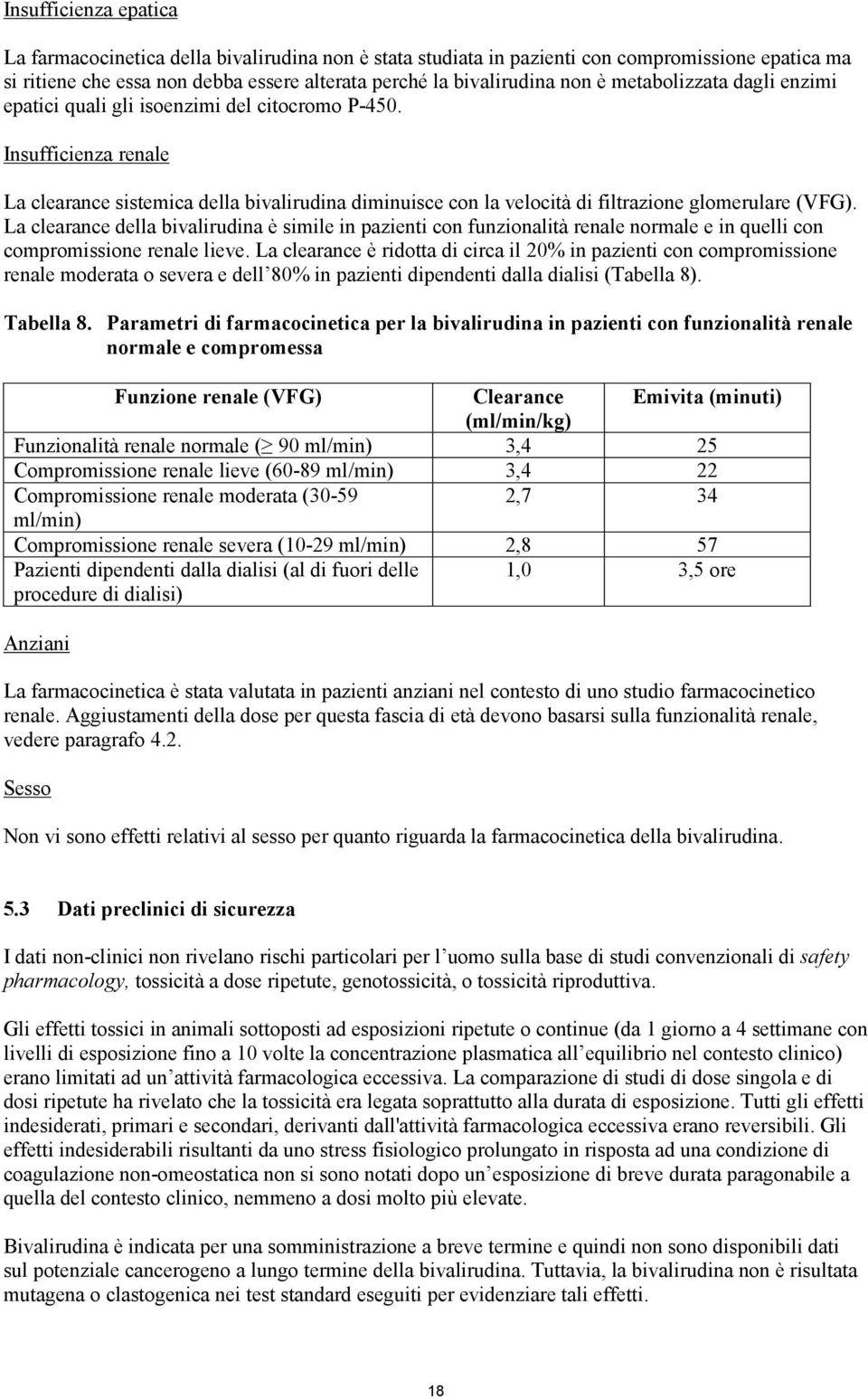 La clearance della bivalirudina è simile in pazienti con funzionalità renale normale e in quelli con compromissione renale lieve.