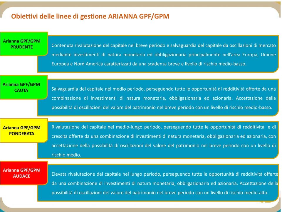 CAUTA Salvaguardia del capitale nel medio periodo, perseguendo tutte le opportunità di redditività offerte da una combinazione di investimenti di natura monetaria, obbligazionaria ed azionaria.