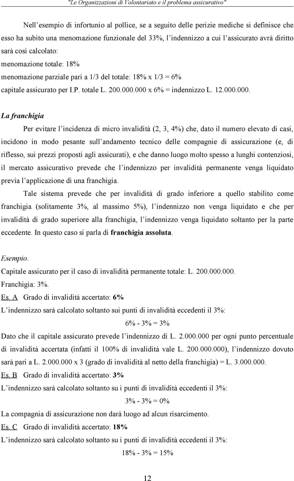 000 x 6% = indennizzo L. 12.000.000. La franchigia Per evitare l incidenza di micro invalidità (2, 3, 4%) che, dato il numero elevato di casi, incidono in modo pesante sull andamento tecnico delle