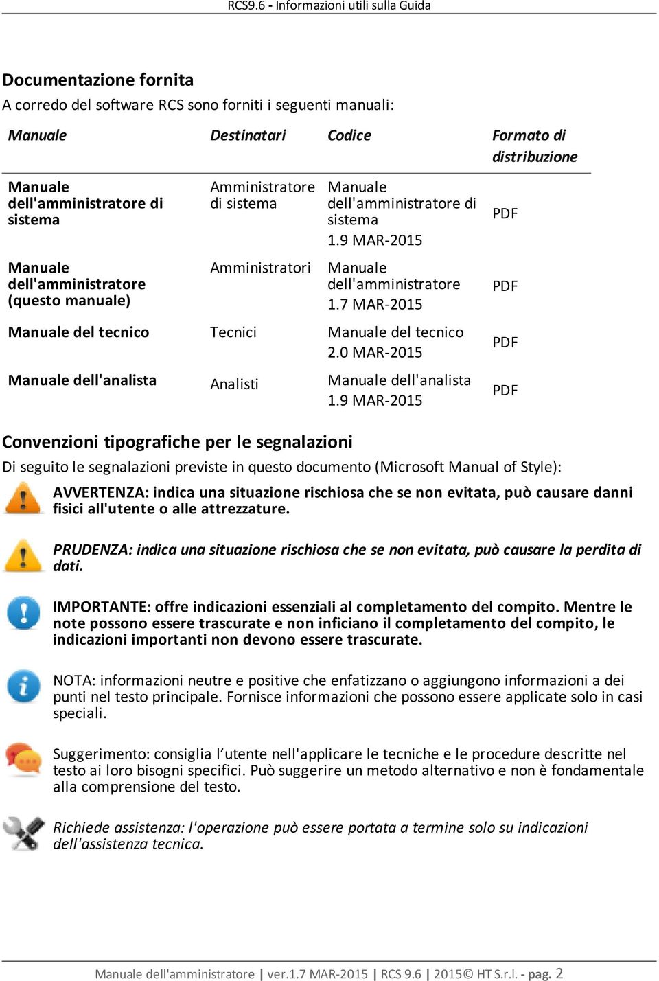 9 MAR-2015 PDF Manuale dell'amministratore (questo manuale) Amministratori Manuale dell'amministratore 1.7 MAR-2015 PDF Manuale del tecnico Tecnici Manuale del tecnico 2.