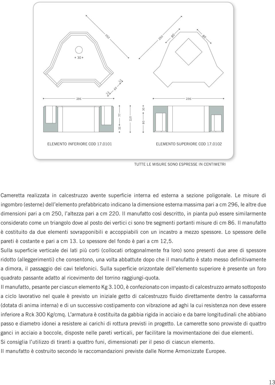 Le misure di ingombro (esterne) dell elemento prefabbricato indicano la dimensione esterna massima pari a cm 296, le altre due dimensioni pari a cm 250, l altezza pari a cm 220.