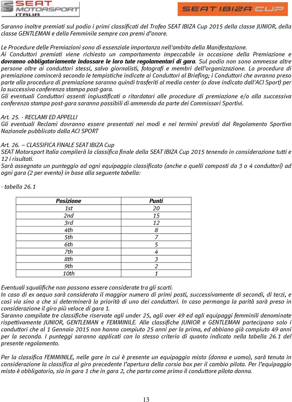 Ai Conduttori premiati viene richiesto un comportamento impeccabile in occasione della Premiazione e dovranno obbligatoriamente indossare le loro tute regolamentari di gara.