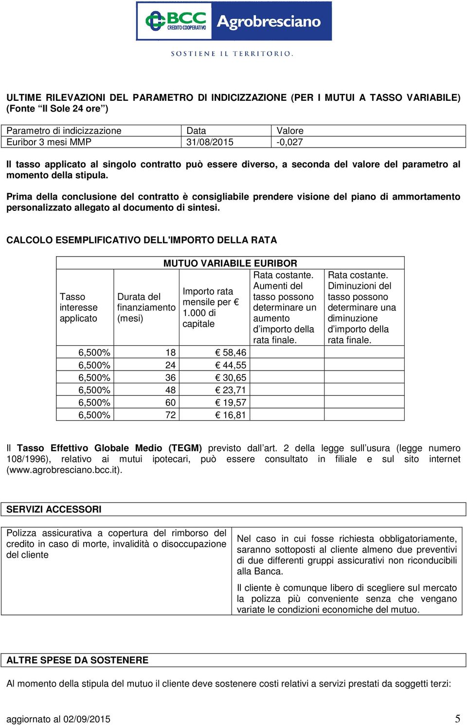 Prima della conclusione del contratto è consigliabile prendere visione del piano di ammortamento personalizzato allegato al documento di sintesi.