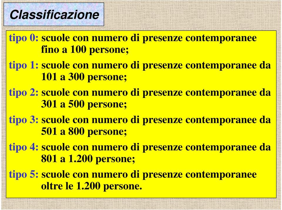 persone; tipo 3: scuole con numero di presenze contemporanee da 501 a 800 persone; tipo 4: scuole con numero di