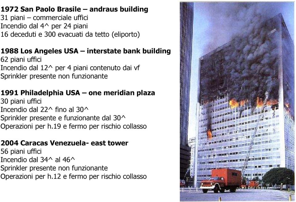 one meridian plaza 30 piani uffici Incendio dal 22^ fino al 30^ Sprinkler presente e funzionante dal 30^ Operazioni per h.